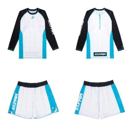 Albino and Preto Apex MMA BJJ Set white long sleeve rash guard and grappling shorts for no gi training