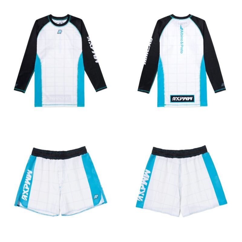 Albino and Preto Apex MMA BJJ Set white long sleeve rash guard and grappling shorts for no gi training