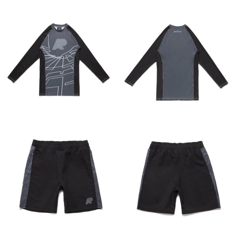 BJJ MMA Building Blocks LS Rash Guard and shorts by Albino & Preto Batch #82 no gi training set