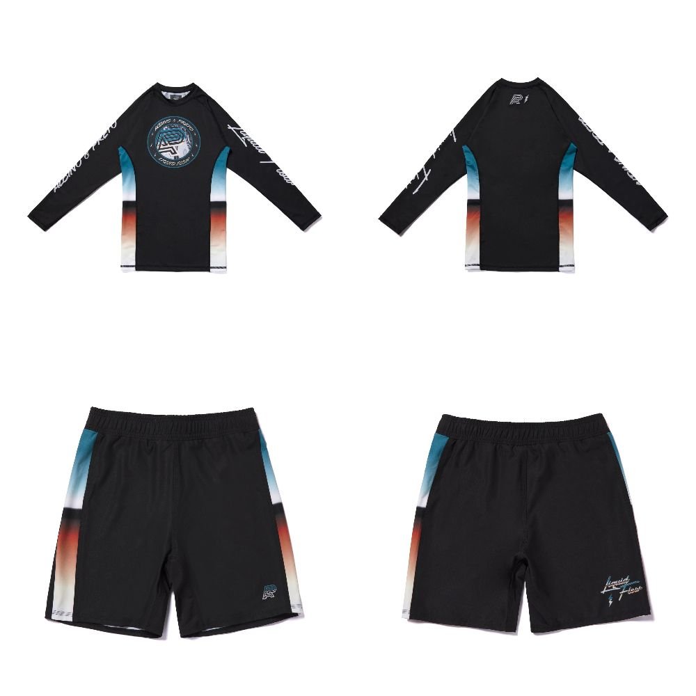 Liquid Flow MMA BJJ A&P Batch #89 Rash Guard LS and Shorts Liquid Flow MMA BJJ Albino and Preto Batch #89 rash guard long sleeve and shorts grappling set