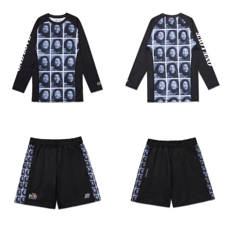 Marley Rash Guard shorts BJJ MMA set Albino and Preto A&P x Bob Marley grappling apparel