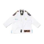 BJJ Gi Star Trek Albino and Preto Batch #100 white Gi with bag showing premium stitching and durable Brazilian Jiu Jitsu uniform design