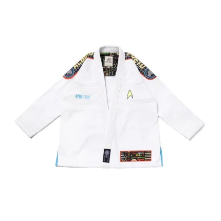 BJJ Gi Star Trek Albino and Preto Batch #100 white Gi with bag showing premium stitching and durable Brazilian Jiu Jitsu uniform design