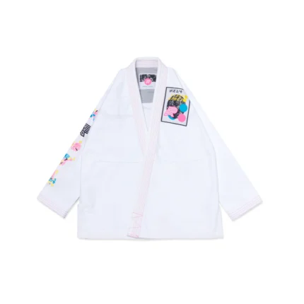 Best Sanktuary BJJ Gi Albino and Preto white kimono with bag IBJJF Brazilian Jiu-Jitsu gi front view
