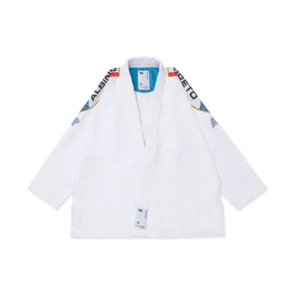 BRG BJJ Gi Comp White Albino and Preto lightweight Brazilian Jiu-Jitsu competition gi with bag front view