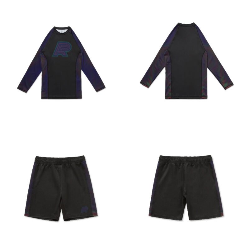 MMA BJJ Metamorphosis set Training Rash Guard LS and Shorts by Albino and Preto for No-Gi grappling and MMA training