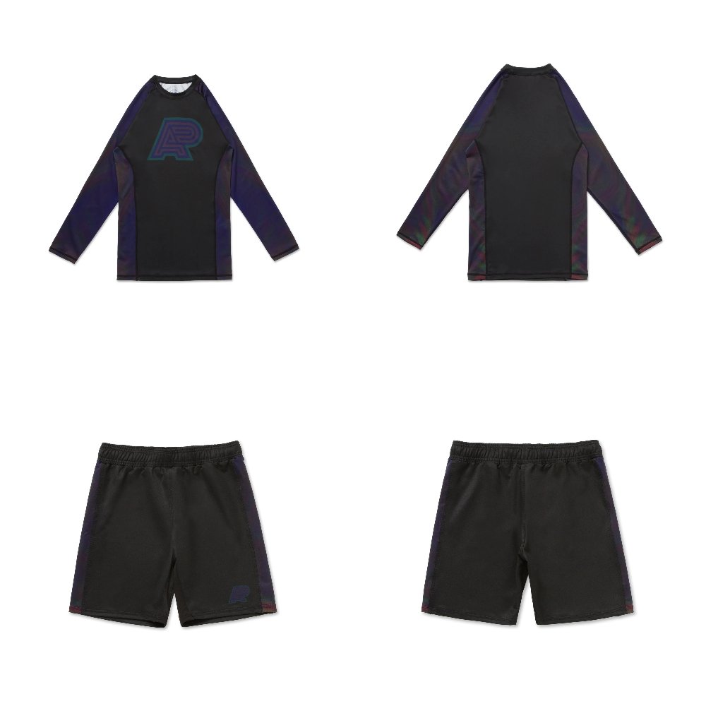 MMA BJJ Metamorphosis Training Rash Guard LS and Shorts MMA BJJ Metamorphosis set Training Rash Guard LS and Shorts by Albino and Preto for No-Gi grappling and MMA training