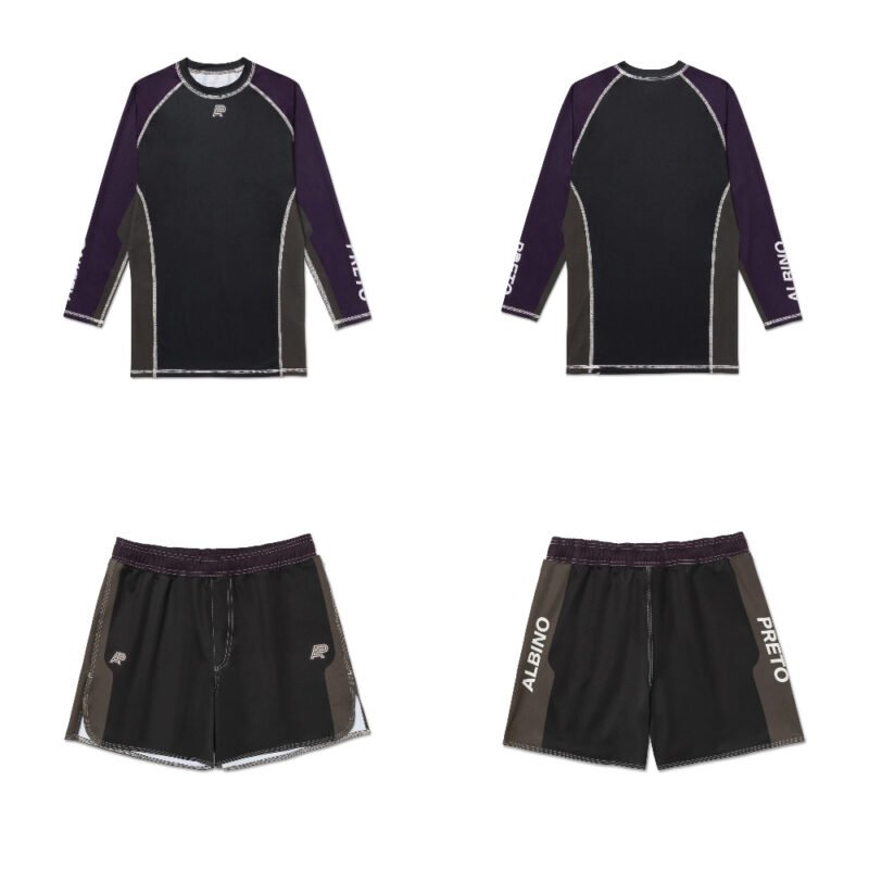 POC MMA BJJ Set Albino & Preto rash guard long sleeve and shorts for MMA and Brazilian Jiu-Jitsu training