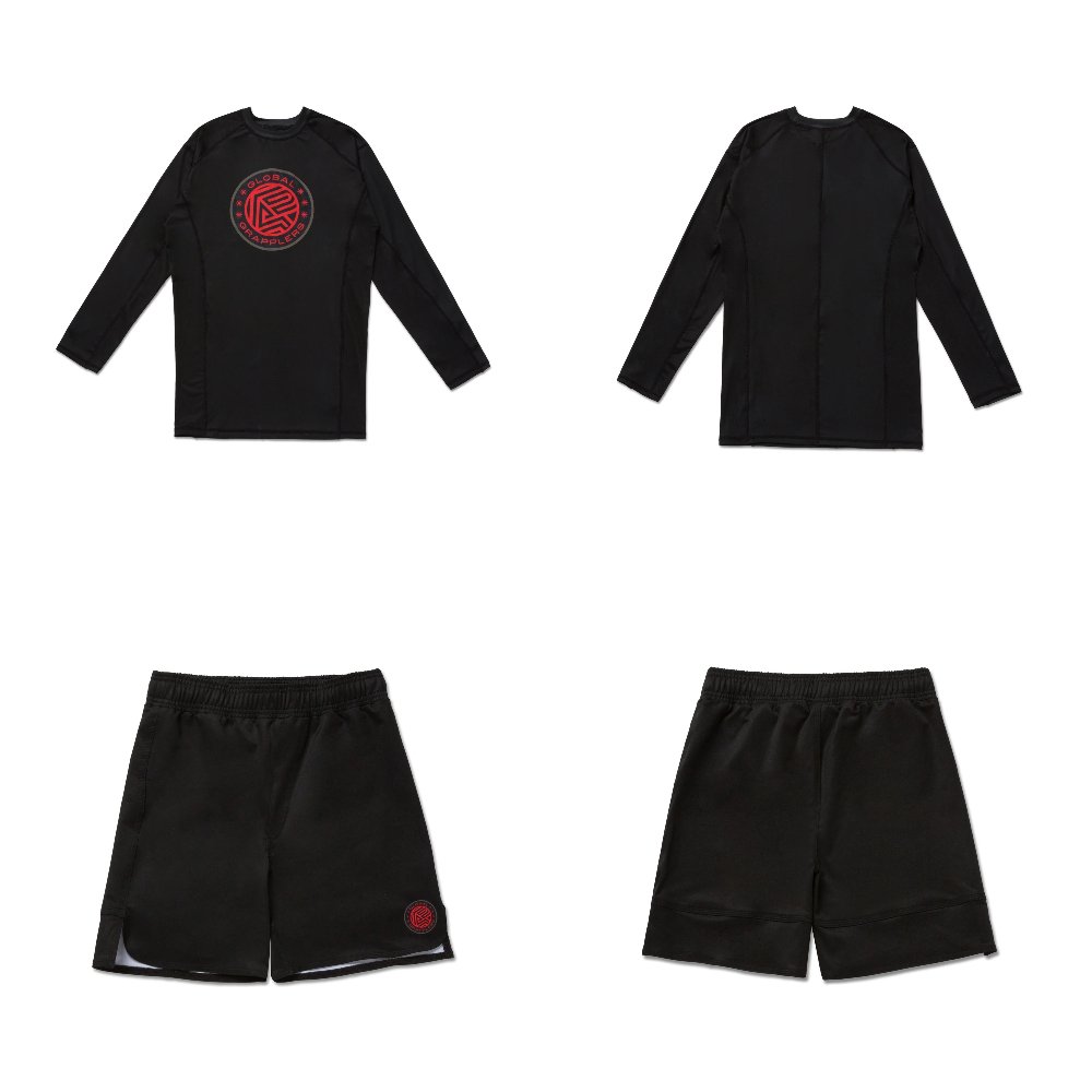 Albino and Preto RS Comp MMA BJJ Set OO Rash Guard LS and Shorts MMA BJJ Set OO Albino and Preto RS Comp rash guard long sleeve and shorts premium No Gi grappling apparel