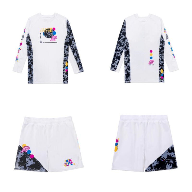 Sanktuary MMA BJJ set Albino and Preto rash guard long sleeve and shorts black no-gi BJJ training outfit front view