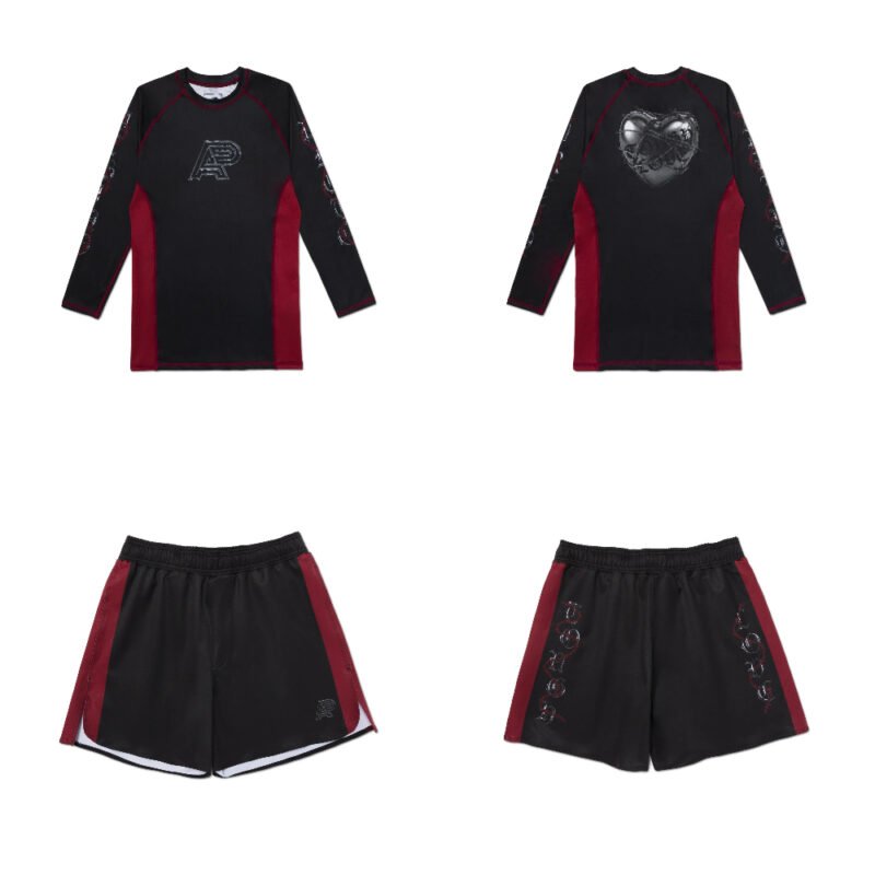 Love MMA BJJ set Albino and Preto Tough Love long sleeve rash guard and shorts premium no-gi MMA and BJJ training gear
