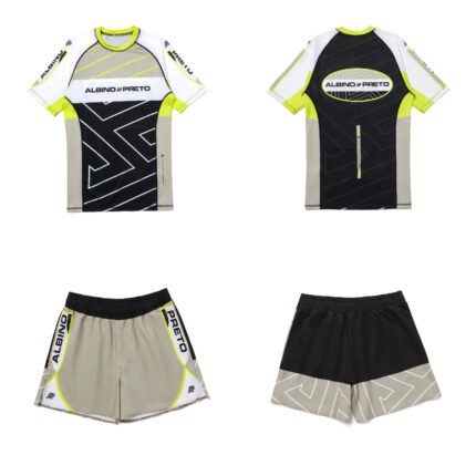 Comp MMA BJJ Set Albino and Preto VGB Rash Guard SS and Shorts premium MMA training and Brazilian Jiu-Jitsu fight gear