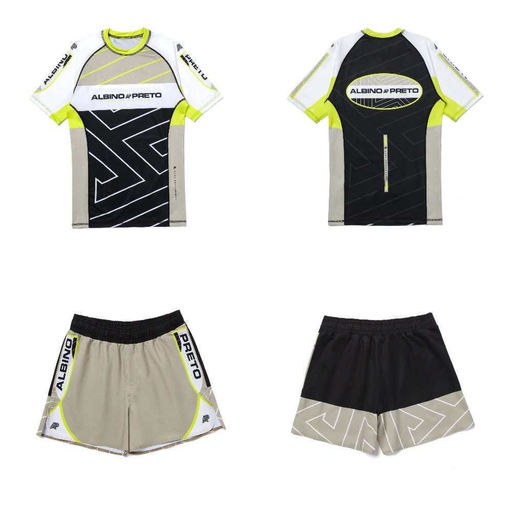 Comp MMA BJJ Set VGB Albino & Preto – Rash Guard Short Sleeve & Fight Shorts Kit Comp MMA BJJ Set Albino and Preto VGB Rash Guard SS and Shorts premium MMA training and Brazilian Jiu-Jitsu fight gear