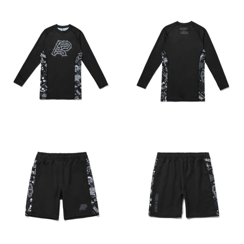 Mike Gigliotti MMA BJJ Set Albino and Preto long sleeve rash guard and grappling shorts for MMA BJJ no gi training