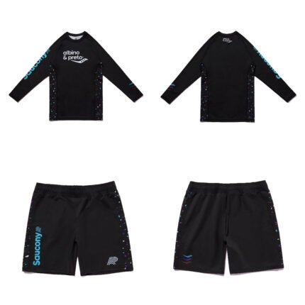 Saucony MMA BJJ set Albino and Preto long sleeve rash guard and shorts for MMA BJJ no-gi grappling training performance fightwear