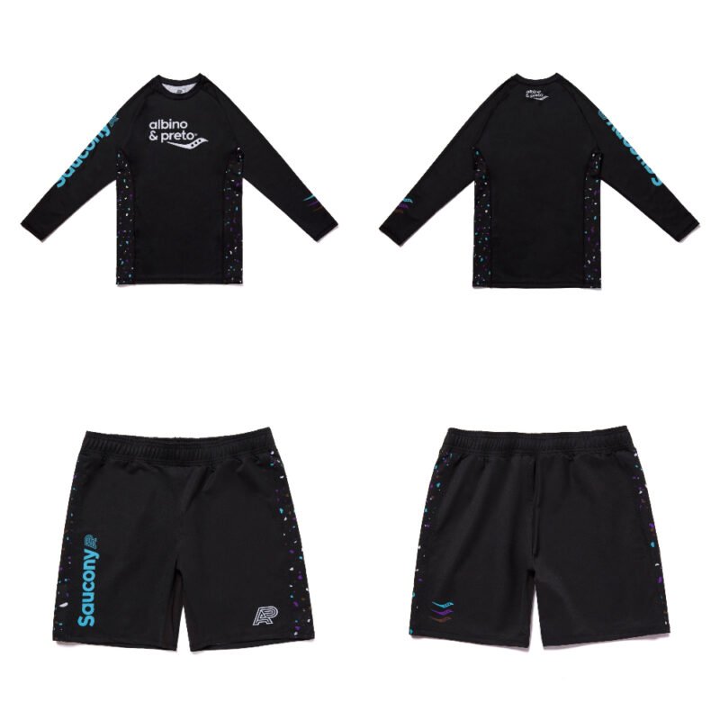 Saucony MMA BJJ set Albino and Preto long sleeve rash guard and shorts for MMA BJJ no-gi grappling training performance fightwear