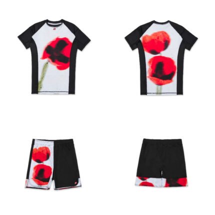 Floral BJJ MMA Albino and Preto Fury rash guard and shorts set for grappling and MMA training