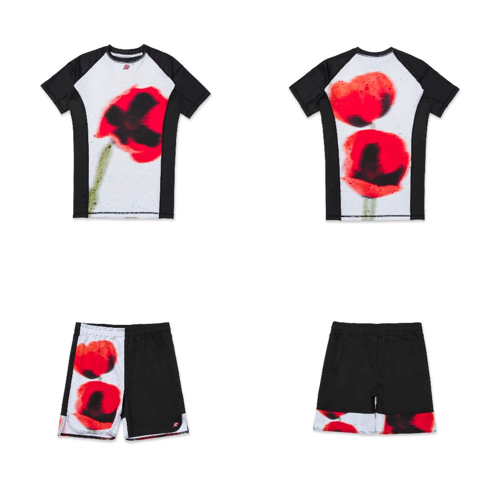 Floral BJJ MMA Rash Guard SS and Shorts Albino and Preto Fury Floral BJJ MMA Albino and Preto Fury rash guard and shorts set for grappling and MMA training
