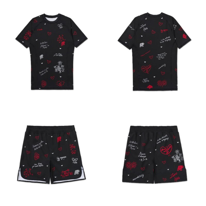 MMA BJJ Love & Hate 2 rash guard short sleeve and fight shorts set black Albino & Preto premium training gear