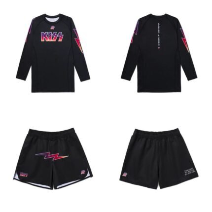 Albino Preto MMA set A&P x KISS rashguard and shorts set front view