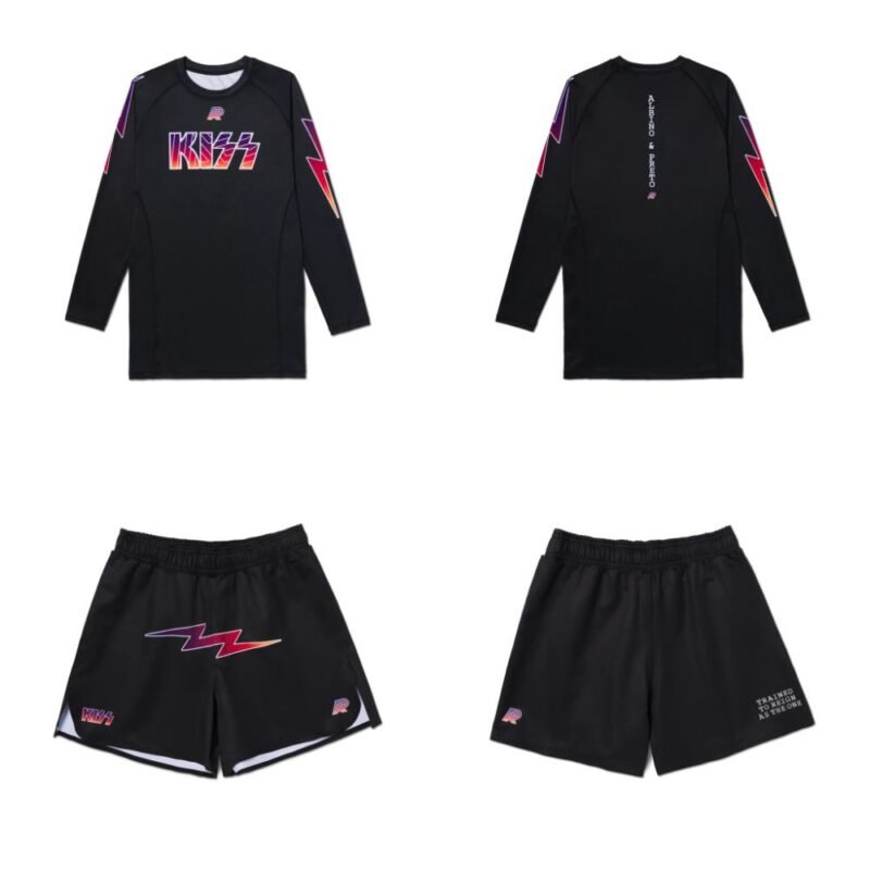 Albino Preto MMA set A&P x KISS rashguard and shorts set front view